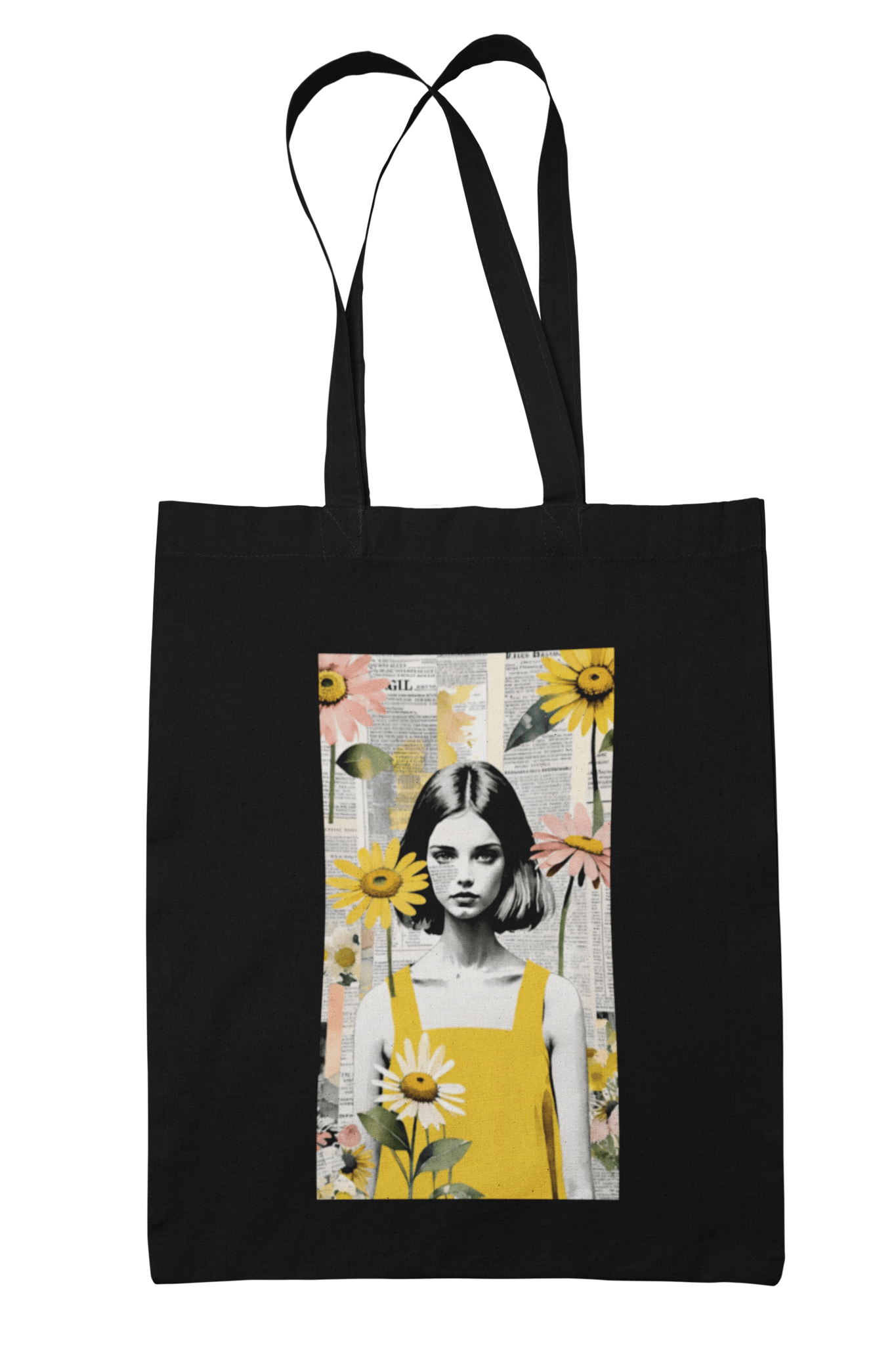 Prakrut India Black Canvas Tote Bag with Zipper and Inner Pocket, Vintage Collage Art Print