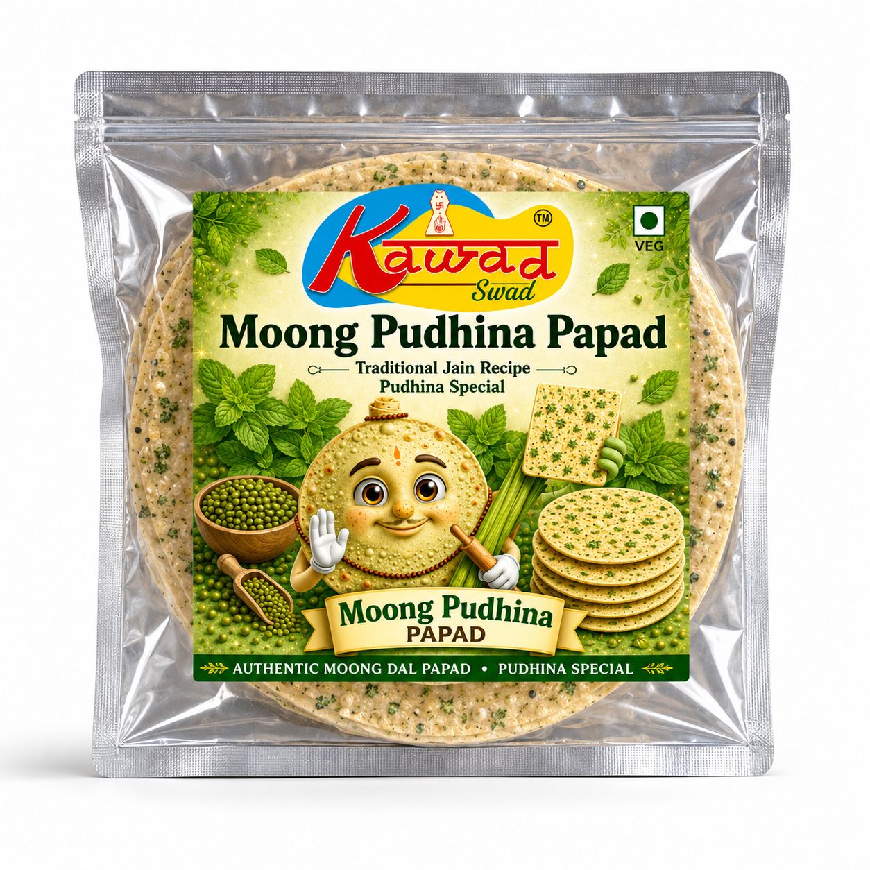 KAWAD SWAD Moong Pudhina Papad 200g | Traditional Jain Recipe