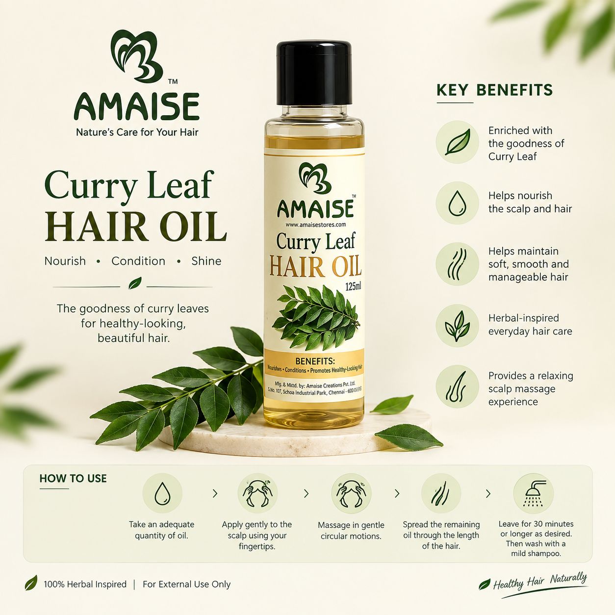 AMAISE Curry Leaf Hair Oil | Herbal Hair Oil for Nourished, Healthy-Looking Hair | With Curry Leaf | 125 ml