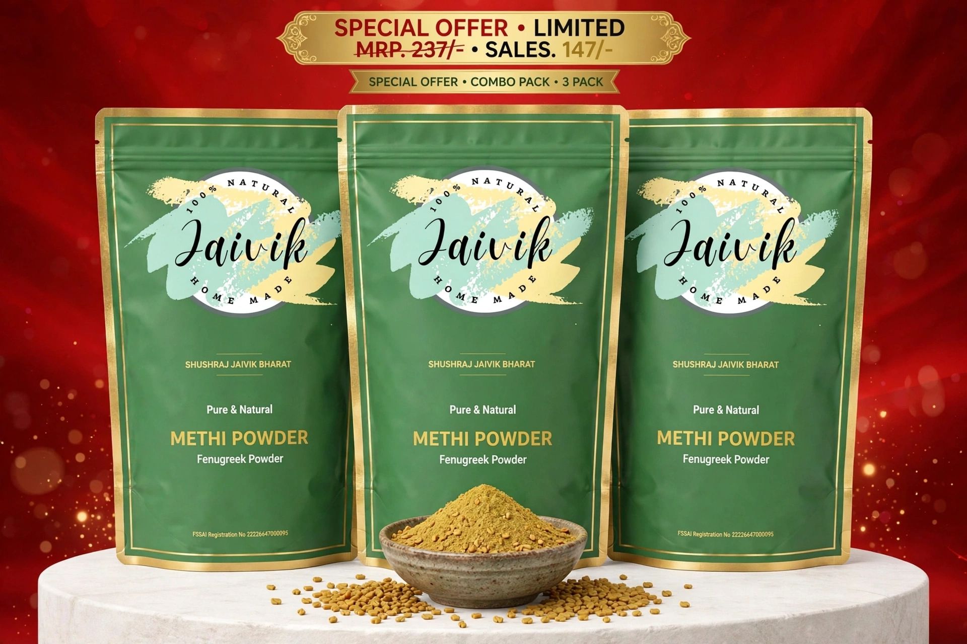 Shushraj Jaivik Bharat Pure & Natural Methi Powder Combo Pack (3 Packs) - Chemical-Free Herbal Hair Care  