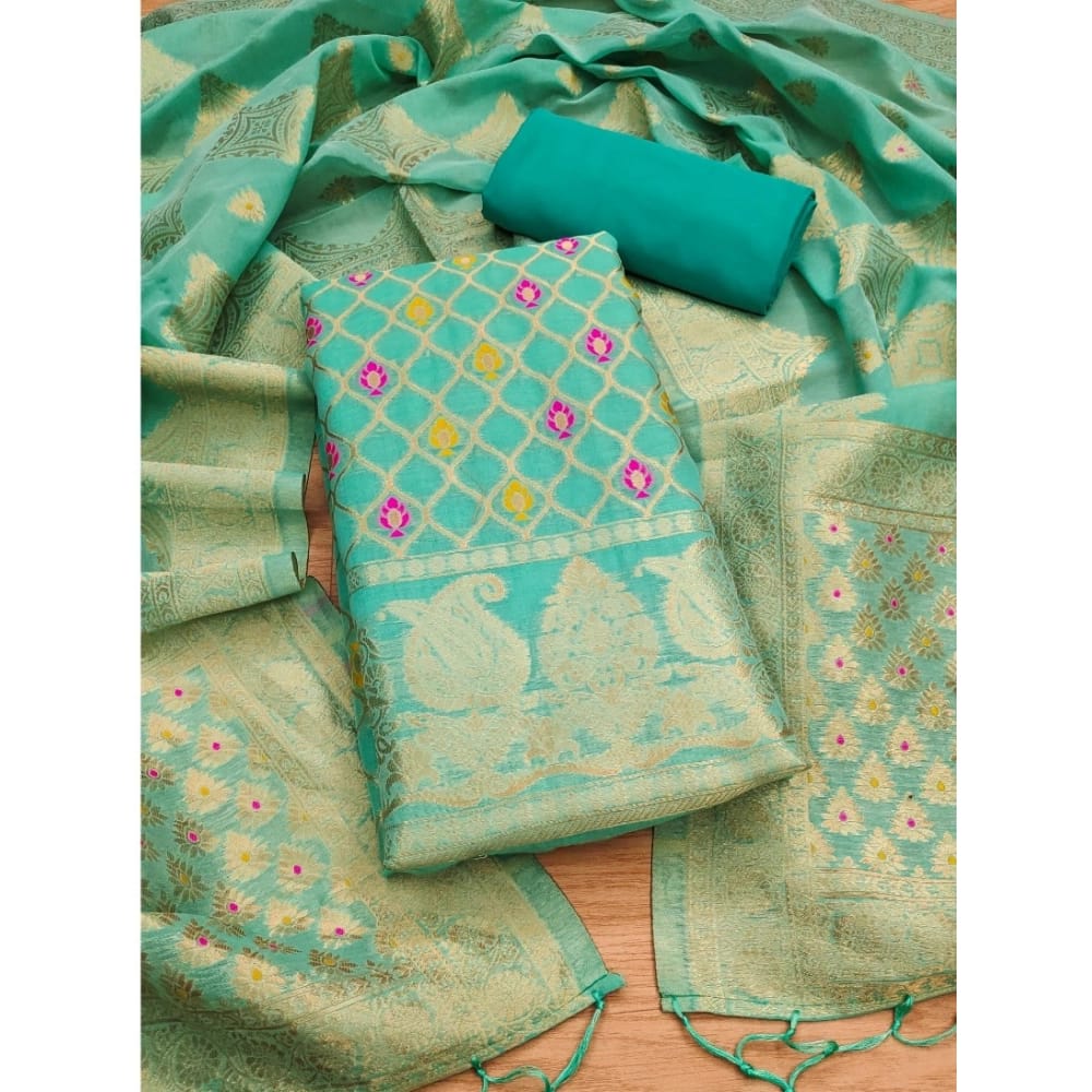womens banarasi silk printed unstitched salwar suit material with dupatta sea green pid62675