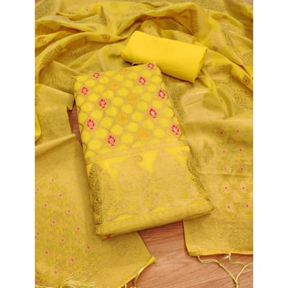 womens banarasi silk printed unstitched salwar suit material with dupatta yellow pid62678
