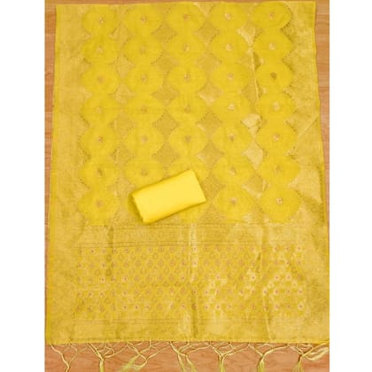 womens banarasi silk printed unstitched salwar suit material with dupatta yellow pid62678
