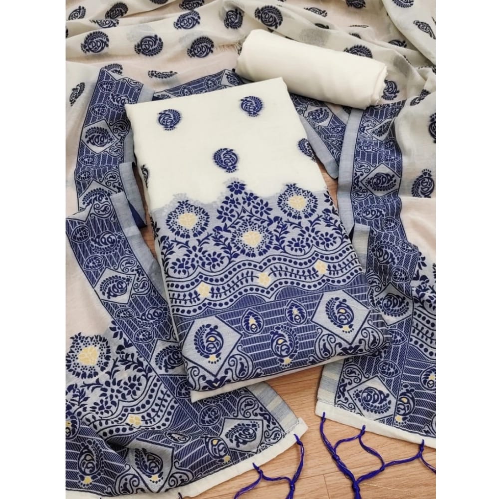 womens banarasi silk printed unstitched salwar suit material with dupatta navy blue pid62681