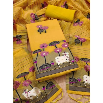 womens banarasi silk printed unstitched salwar suit material with dupatta yellow pid62693