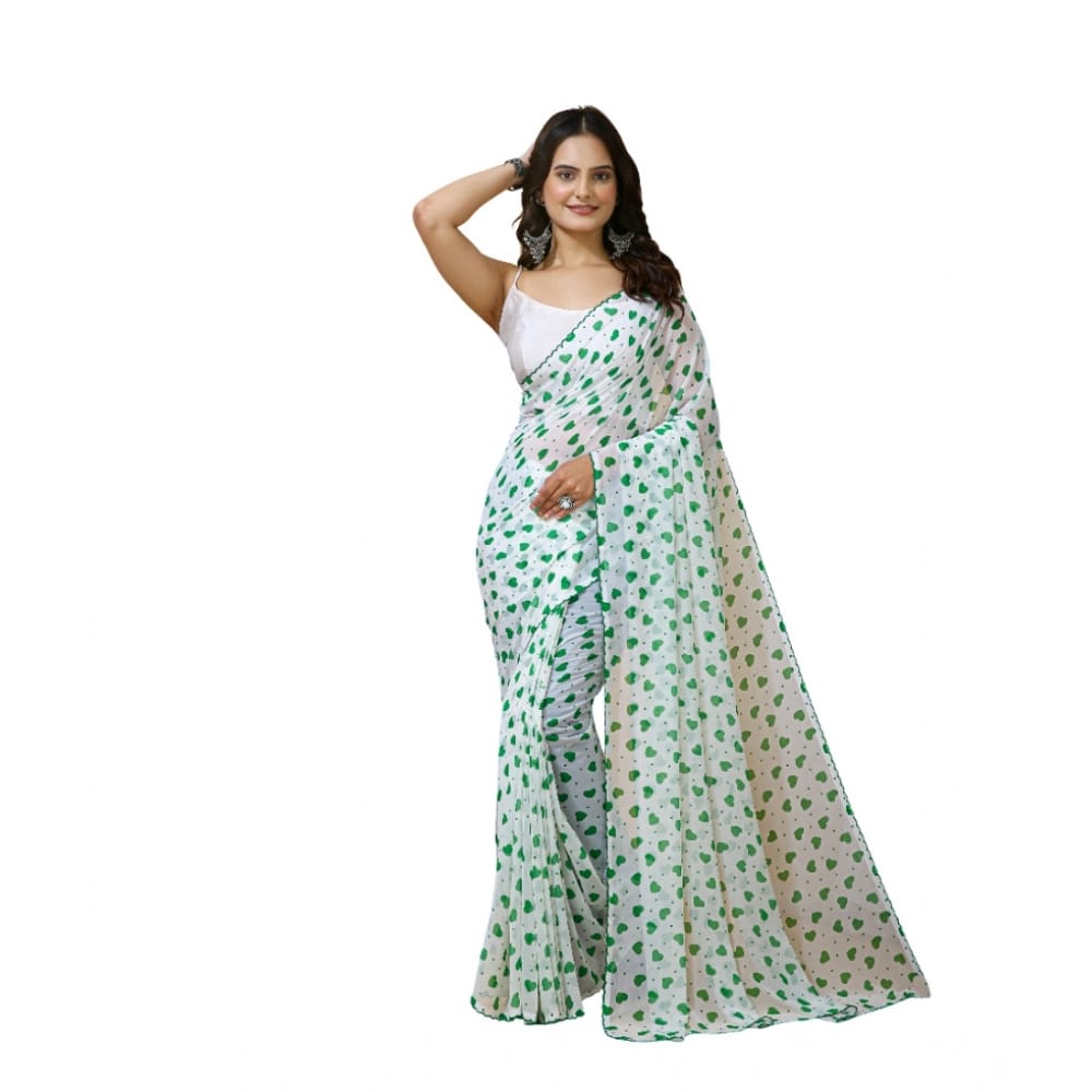 womens georgette printed saree with unstitched blouse 5mtr white green pid63027