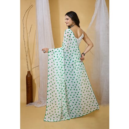 womens georgette printed saree with unstitched blouse 5mtr white green pid63027