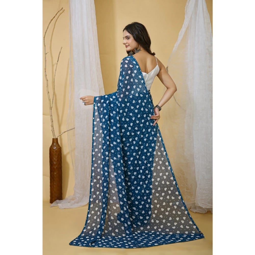 womens georgette printed saree with unstitched blouse 5mtr blue pid63029