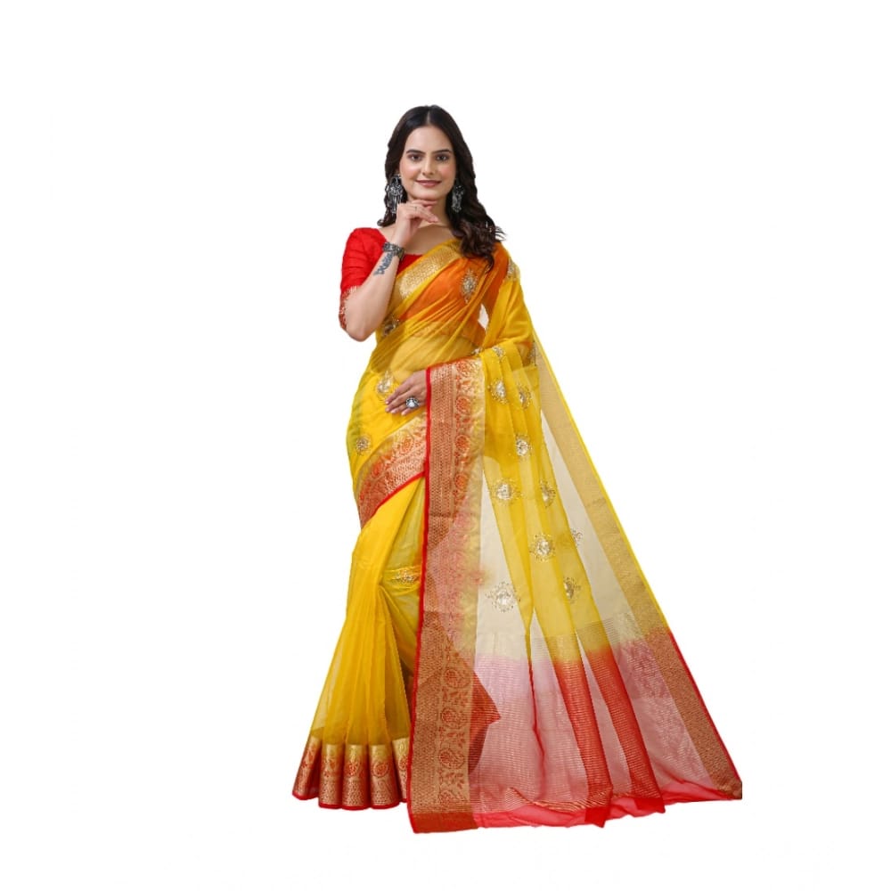 womens orgenza jacquard embellished saree with unstitched blouse 5mtr yellow pid63039