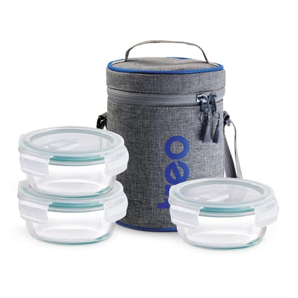 Treo by Milton All Fresh Borosilicate Glass Lunch Box Set of 3, Clear, 400 ml Each with Durable Lunch Bag, Microwave & Dishwasher Safe, Leakproof Containers, Office Tiffin