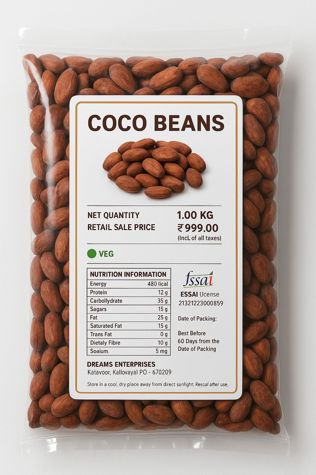Dreams Kerala Premium Raw Cocoa Beans, Natural Fermented, Sun-Dried, Perfect for Chocolate Making, Roasting, Baking, 1 kg