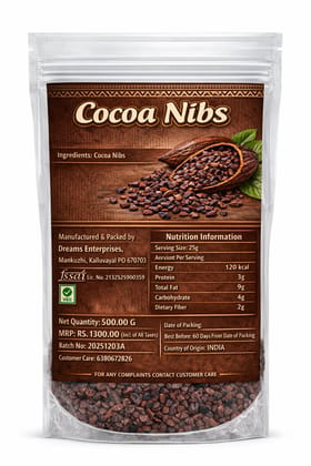 Premium Cocoa Nibs 500g |  Pure Roasted Cacao Pieces | No Preservatives Added | Roasted & Cracked | Unsweetened