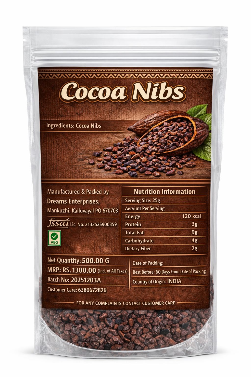 Premium Cocoa Nibs 500g |  Pure Roasted Cacao Pieces | No Preservatives Added | Roasted & Cracked | Unsweetened