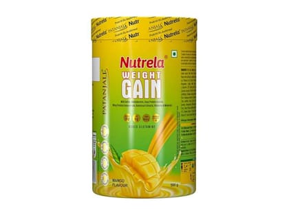 Nutrela Weight Gainer Powder - 500 gram Mango Flavour 20g Protein 66.8 Carbs 13 Vitamins 12 Minerals with Khandsari Sugar Ideal for Athlete Men Women Kids above 10 Year