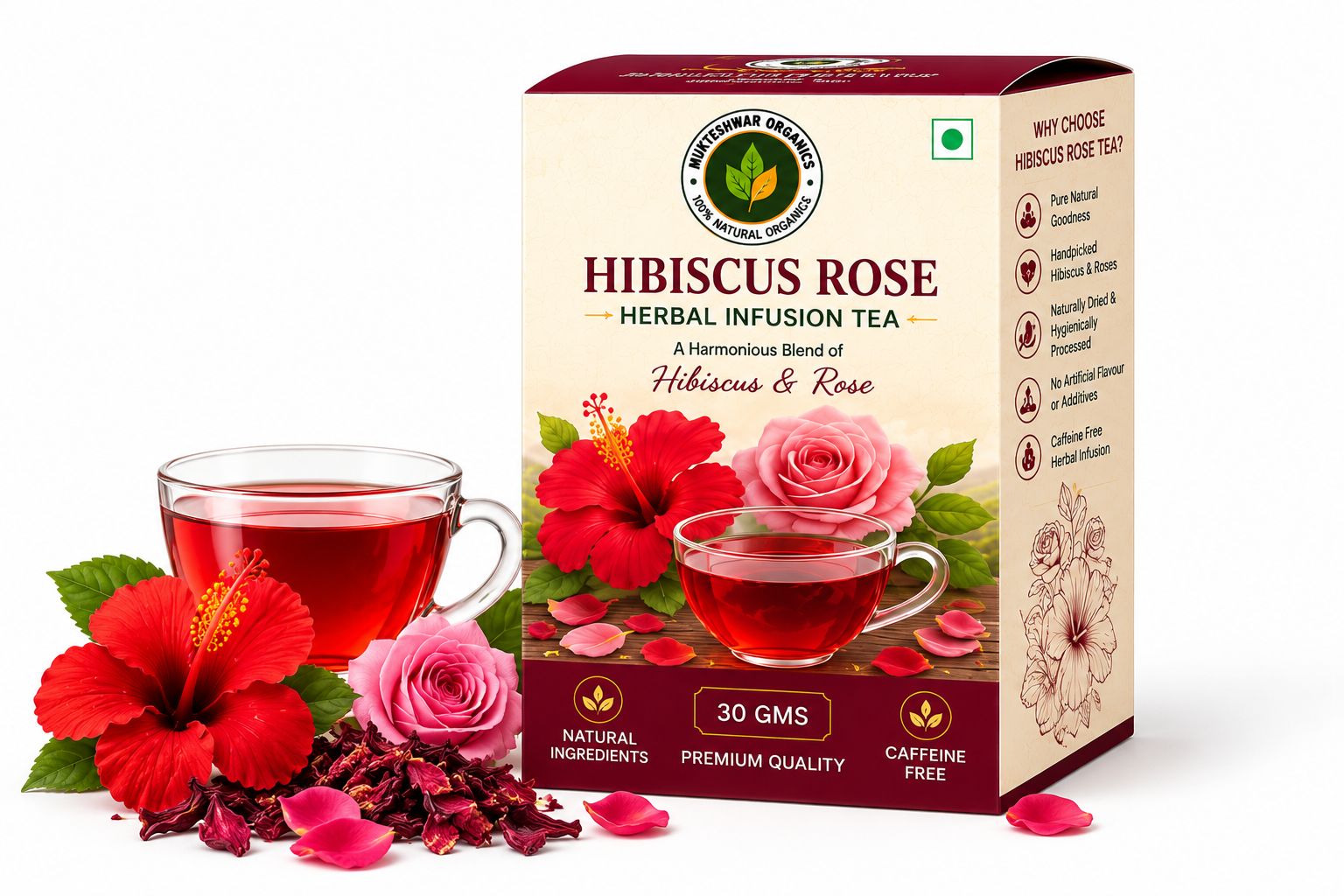Mukteshwar Organics Hibiscus Rose Herbal Infusion Tea – 30 g | Caffeine-Free Floral Blend