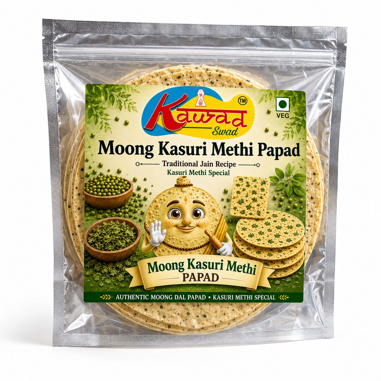 KAWAD SWAD Moong Kasuri Methi Papad 500g | Traditional Jain Recipe