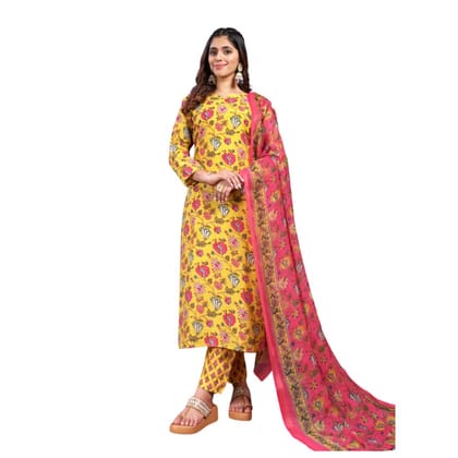 womens cotton blend printed kurti with pant dupatta set yellow pid63048