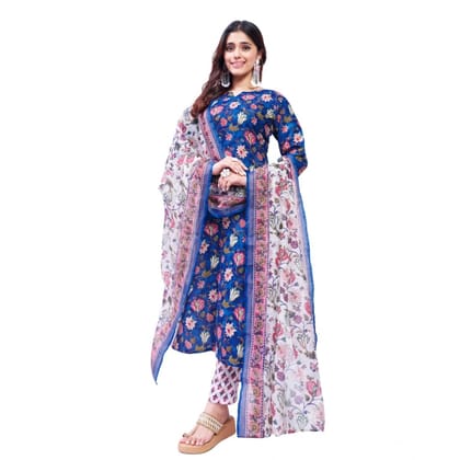 womens cotton blend printed kurti with pant dupatta set blue pid63049
