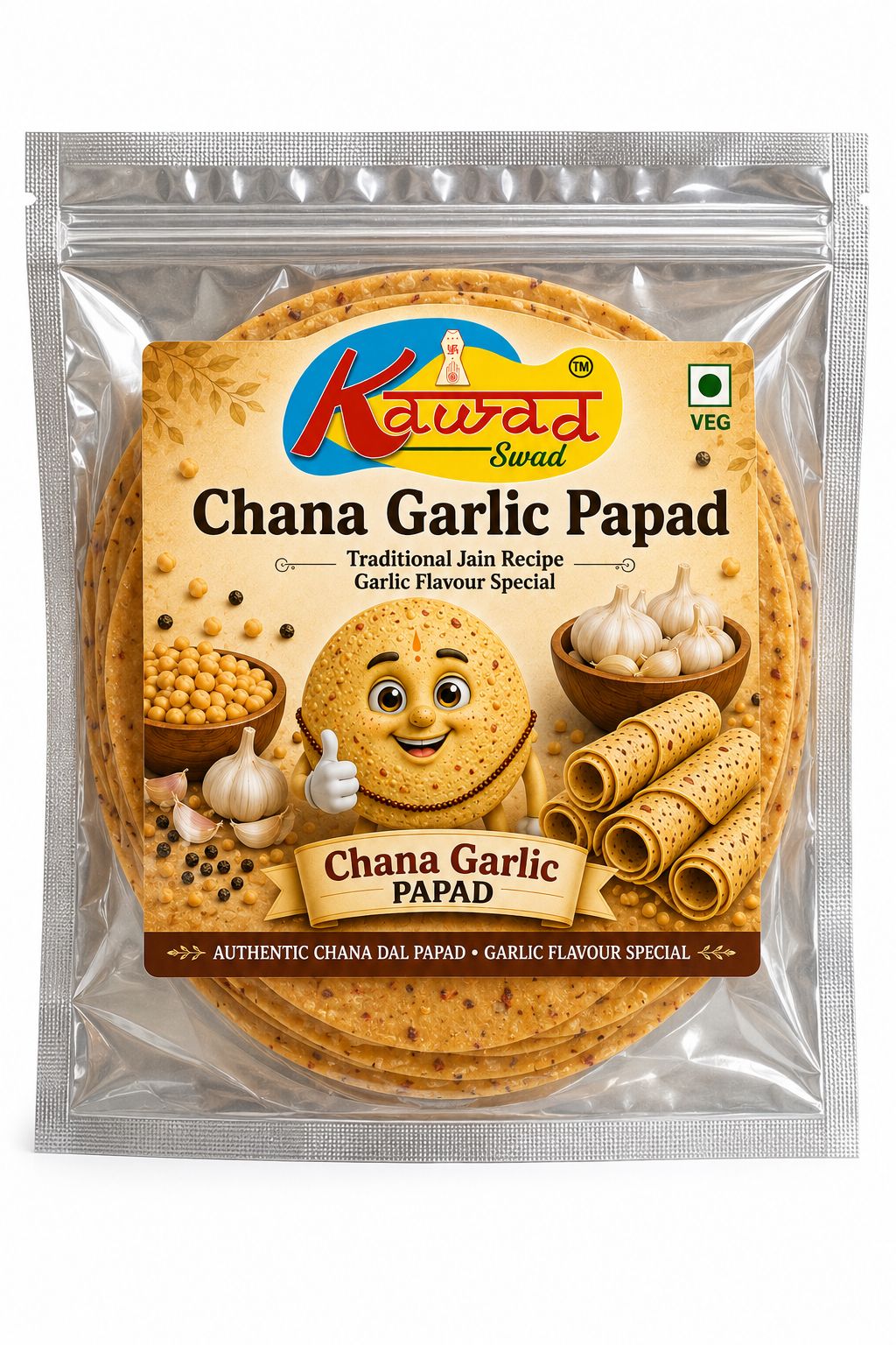 KAWAD SWAD Chana Garlic Papad 200g | Traditional Jain Recipe