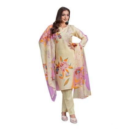 womens cotton blend printed kurti with pant dupatta set cream pid63050