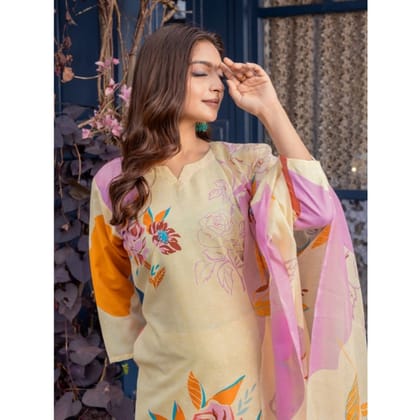 womens cotton blend printed kurti with pant dupatta set cream pid63050