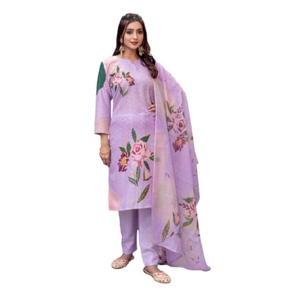 womens cotton blend printed kurti with pant dupatta set lavender pid63051