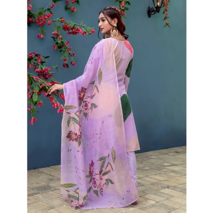 womens cotton blend printed kurti with pant dupatta set lavender pid63051