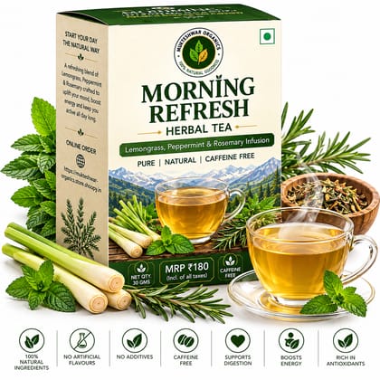 Mukteshwar Organics Morning Refresh Herbal Tea – Lemongrass, Peppermint & Rosemary | Caffeine-Free | 30 g