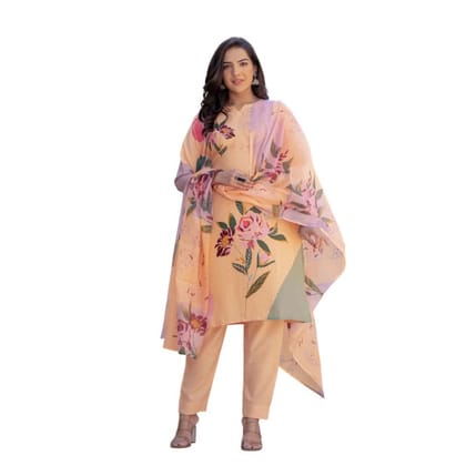 womens cotton blend printed kurti with pant dupatta set orange pid63053