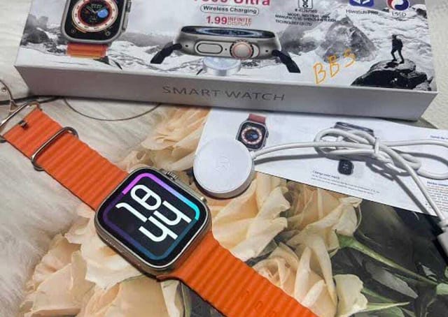 T800 Ultra Smart Watch with Orange Ocean Band and Wireless Charger