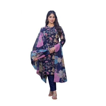womens cotton blend printed kurti with pant dupatta set navyblue pid63054