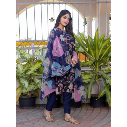 womens cotton blend printed kurti-with pant dupatta set navyblue pid63054