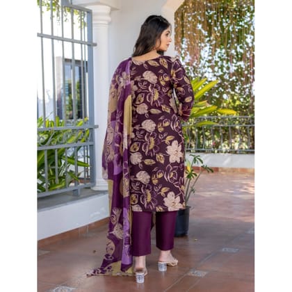 womens cotton blend printed kurti with pant dupatta set purple pid63055