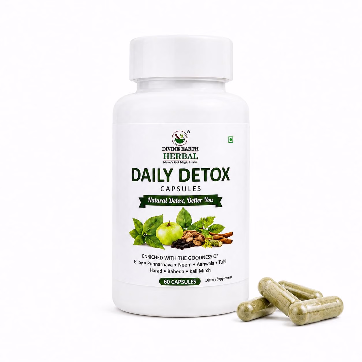 Daily Detox Capsules | Giloy, Punarnava, Neem, Amla & Tulsi | Natural Herbal Detox Supplement | Supports Digestive Wellness | 60 Capsules