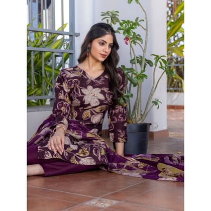 womens cotton blend printed kurti with pant dupatta set purple pid63055