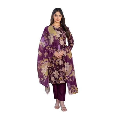womens cotton blend printed kurti with pant dupatta set purple pid63055