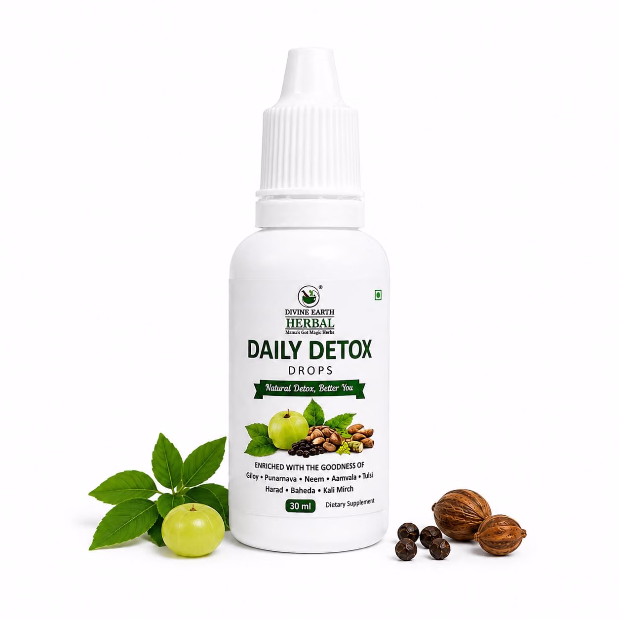 Divine Earth Daily Detox Herbal Drops 30ml | Giloy, Neem, Amla, Tulsi & Punarnava | Herbal Blend for Daily Wellness