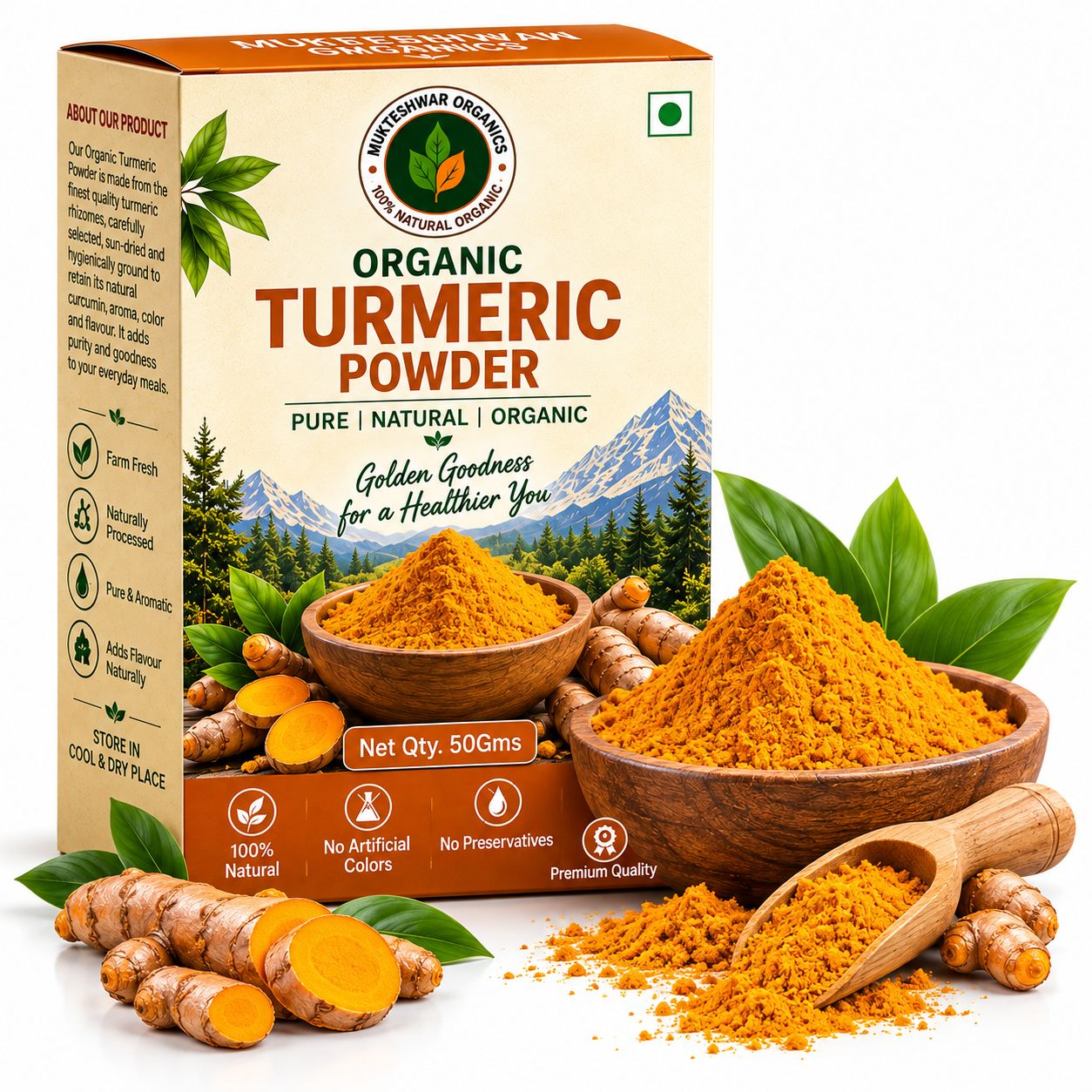 Mukteshwar Organics Organic Turmeric Powder – 50 g | Pure, Natural & Aromatic Haldi Powder