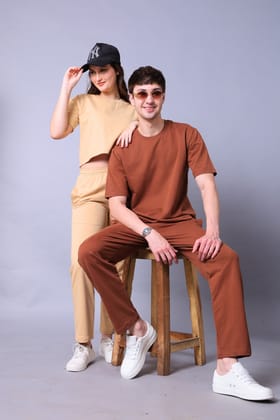 Beige & Brown Couple Co-Ord Set – Crop Top & Oversized Tee with Joggers (Pack of 2)