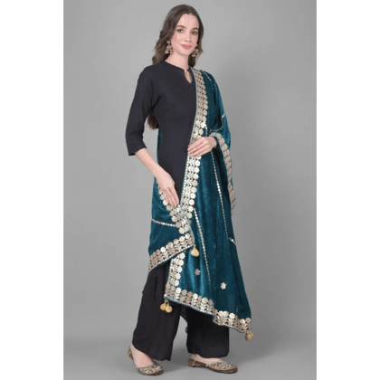 Generic Women's Velvet Gotta Patti Dupatta (Teal, Length:&nbsp;2.25 to 2.50 Mtr)