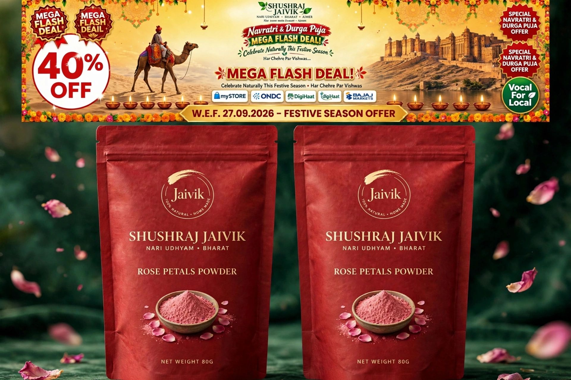 Shushraj Jaivik Rose Petals Powder-Navratri & Durga Puja Special 40% Off Mega Flash Deal 160G.