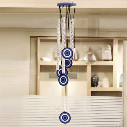 WUGO Pseudo Evil Eye Wind Chimes with Silver Pipes for Home Balcony | Aluminium & Wood Hanging Wind Chime with Melodic Sound | Decorative Vastu Home Decor (Heavy Quality)