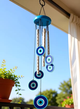 WUGO Pseudo Evil Eye Wind Chimes with Silver Pipes for Home Balcony | Aluminium & Wood Hanging Wind Chime with Melodic Sound | Decorative Vastu Home Decor (Heavy Quality)