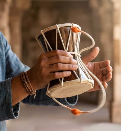 WUGO Damru Hand Percussion Handmade Indian Musical Instrument | Traditional Damaru for Bhajan, Pooja, Satsang & Devotional Music