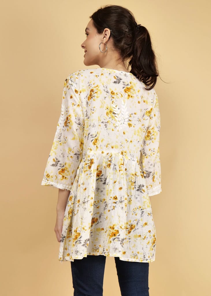 Mulmul Short Frock Style Chikankari Kurti - Floral Print Yellow