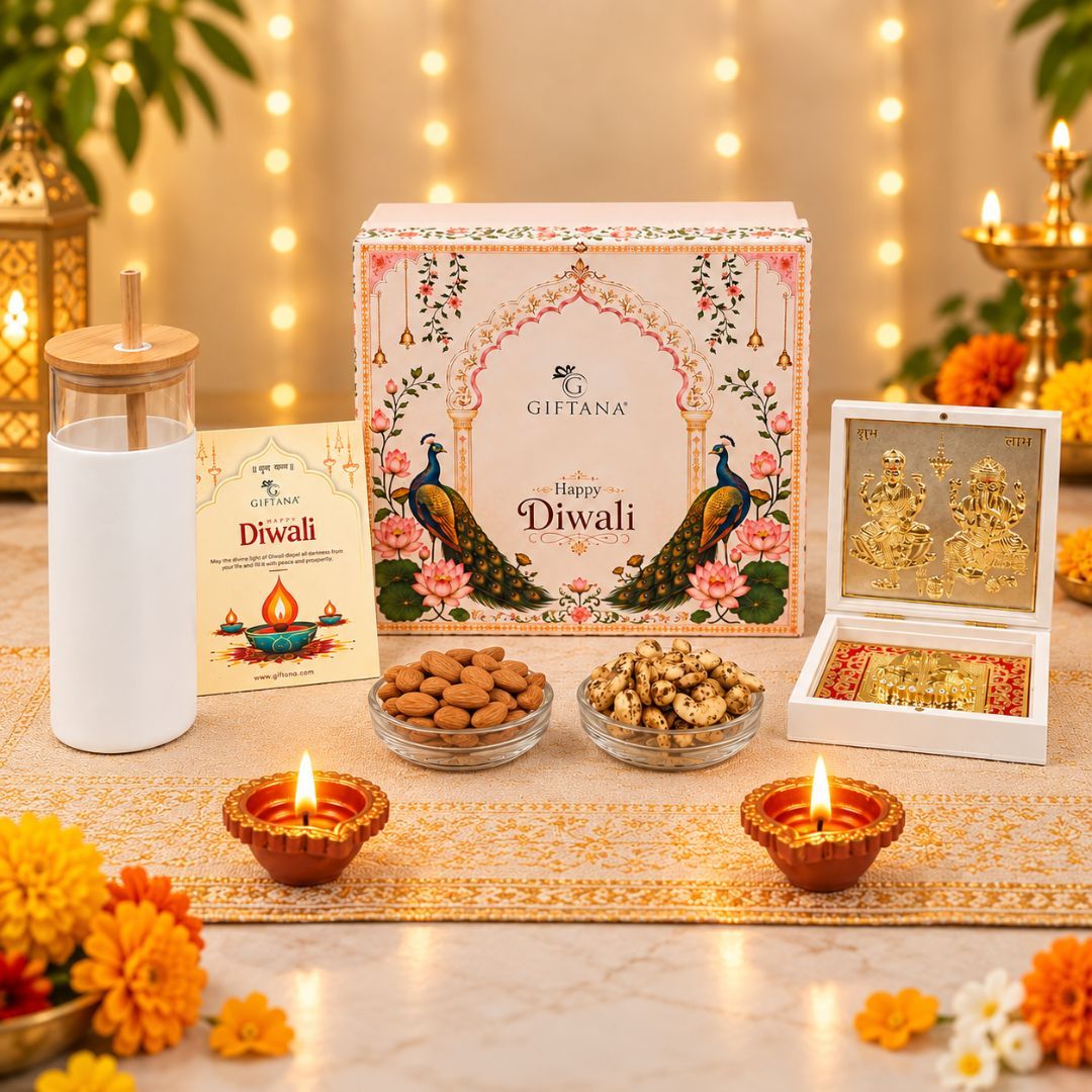 Festive Grace : Diwali Gift Box with Tumbler, Dry Fruits & Diyas