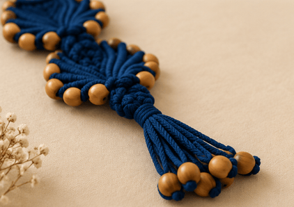 Navy Beaded Leaf Macramé Hanging
