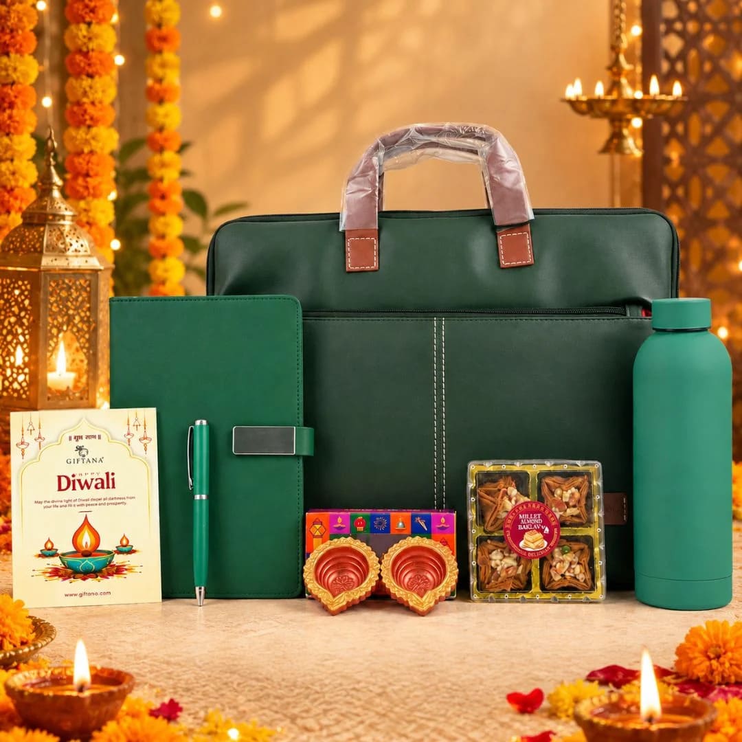 Diwali Office Gifts – Laptop Bag Set with Notebook, Bottle, Baklava & Diyas
