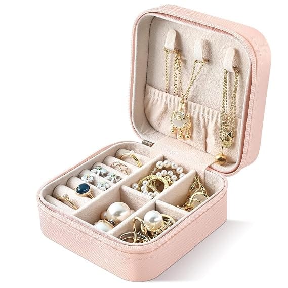 Mini Jewellery Travel Case, PU Leather Organizer Box, Small Portable Jewellery Storage Holder for Womens Rings Earrings Necklaces (Pinkish Peach)