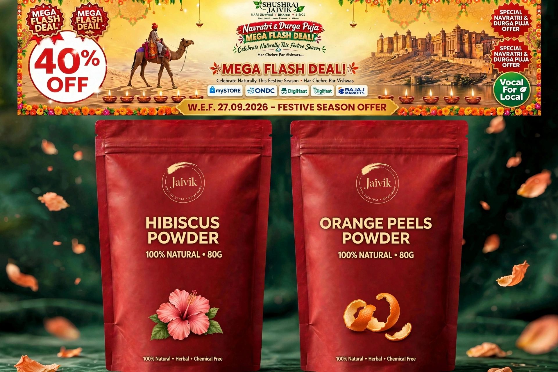 ​Shushraj Jaivik Hibiscus & Orange Peel Powder Combo Pack | Navratri & Durga Puja Special 40% Off Mega 160G Hair Care Kit